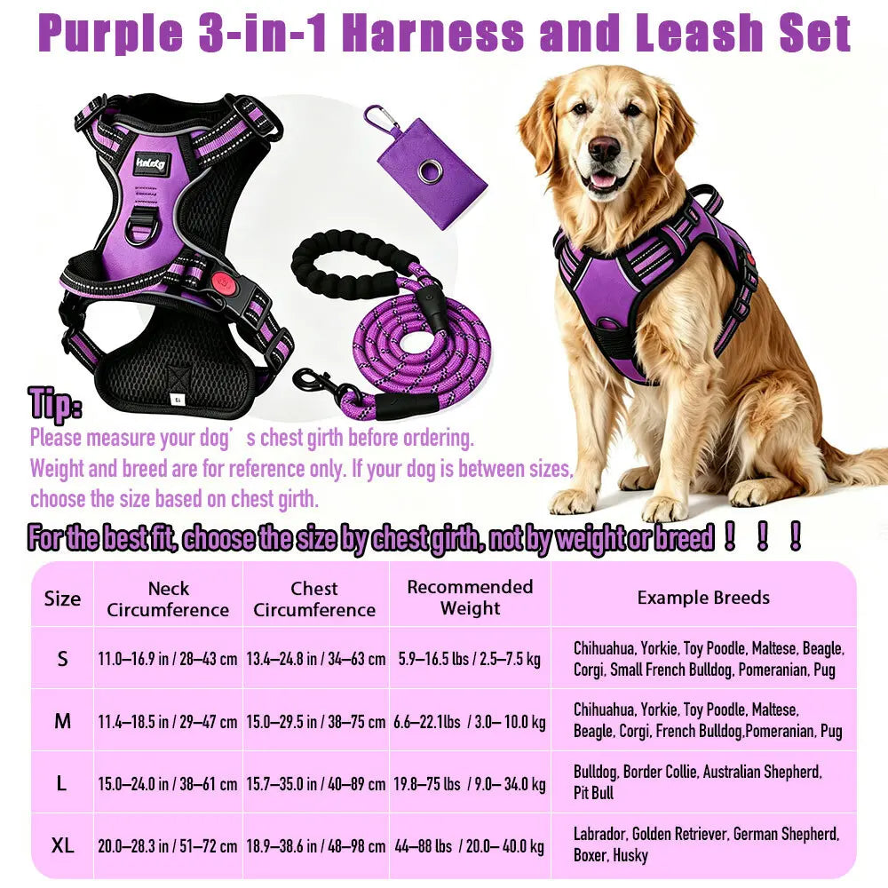 HELETY 3-In-1 No-Pull Dog Vest Harness Set for Medium-Large Dogs - Black Heavy-Duty Reflective Oxford Belt with Anti-Escape Lock, Adjustable, Includes Poop Bag Holder & Airtag Compatibility for Safe Outdoor Walking Night Walk Coyote Proof Doggood Car Seat