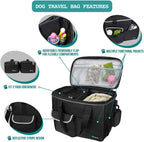 Dog Travel Bag Organizer, Pet Travel Kit with 2 Food Containers & 2 Collapsible Dog Bowls, Pet Supplies Tote with Luggage Sleeve, Weekend Road Trip Camping Essentials, Black, Medium