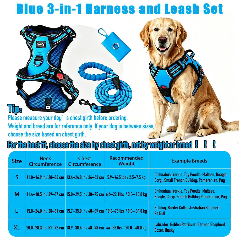 HELETY 3-In-1 No-Pull Dog Vest Harness Set for Medium-Large Dogs - Black Heavy-Duty Reflective Oxford Belt with Anti-Escape Lock, Adjustable, Includes Poop Bag Holder & Airtag Compatibility for Safe Outdoor Walking Night Walk Coyote Proof Doggood Car Seat