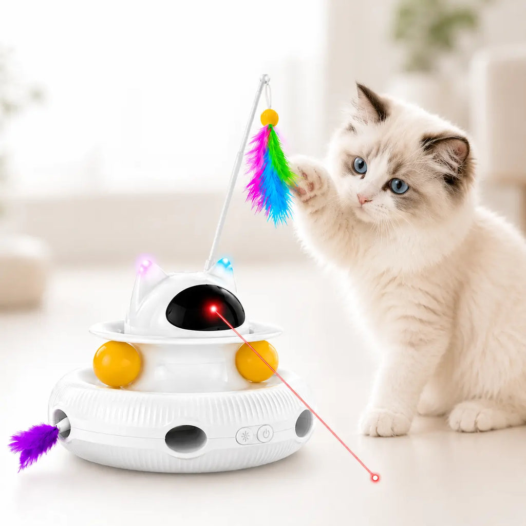 5-In-1 Interactive Cat Toy for Indoor Cats, Indoor Cat Enrichment Toy for Bored Cats, Laser Pointer, Feather Teaser, Pop up Feather, Track Balls, Light up Dome