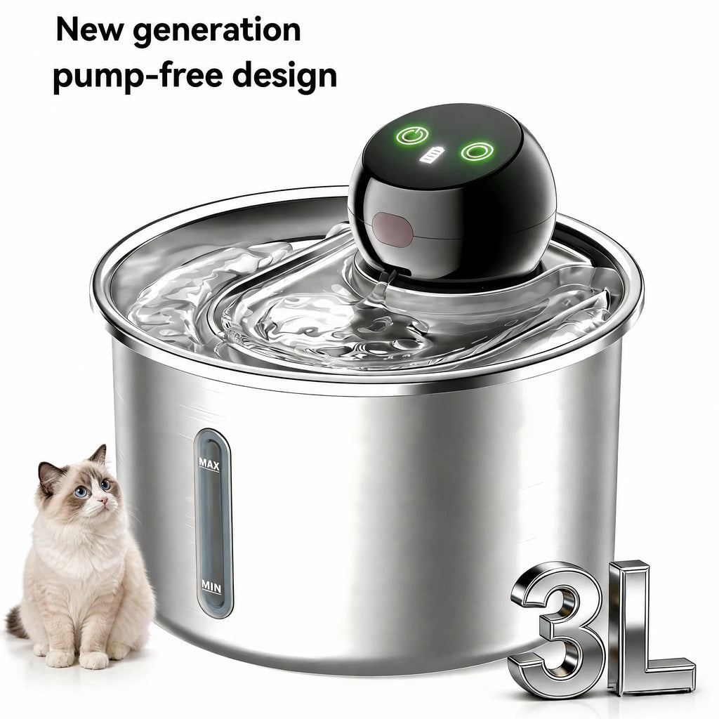 Cfume 2026 New Model Smart Infrared Sensor Automatic Water Dispensing Fountains for Cats - 304 Stainless Steel 3L 5000Mah Pump-Free Design with 4-Layer Filtration, Ultra-Quiet, Dry-Burn Prevention, Water Level Indicator