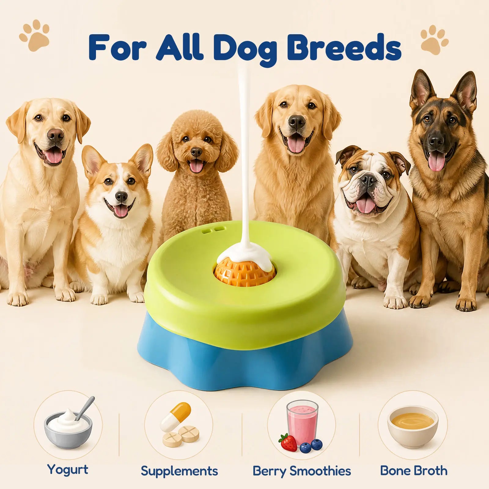Non-Slip Slow Feeder Dog Bowl for Liquid Treats, Built-In Rolling Lick Ball, No Spill Yogurt & Peanut Butter Feeder, Keeps Bowl in Place While Dogs Lick