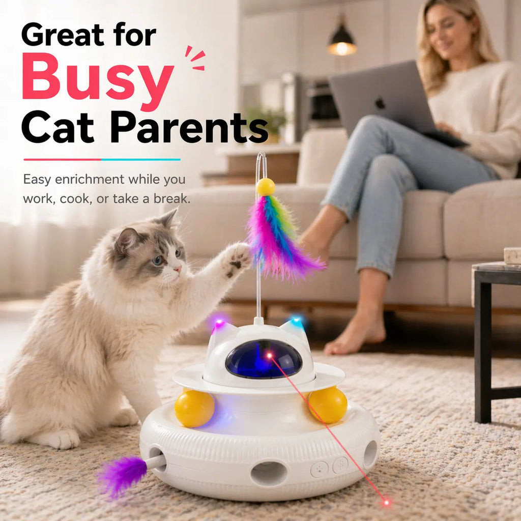 5-In-1 Interactive Cat Toy for Indoor Cats, Indoor Cat Enrichment Toy for Bored Cats, Laser Pointer, Feather Teaser, Pop up Feather, Track Balls, Light up Dome