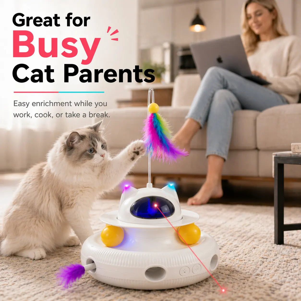 5-In-1 Interactive Cat Toy for Indoor Cats, Indoor Cat Enrichment Toy for Bored Cats, Laser Pointer, Feather Teaser, Pop up Feather, Track Balls, Light up Dome