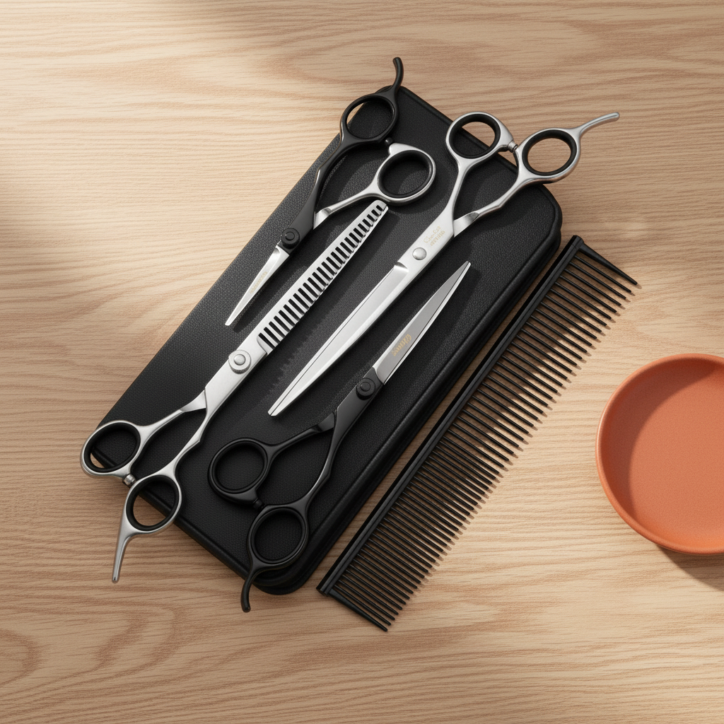 Professional pet grooming scissors set laid out on oak surface with orange accent
