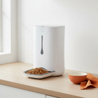 Smart Automatic Pet Feeder in Scandinavian kitchen setting with orange accents
