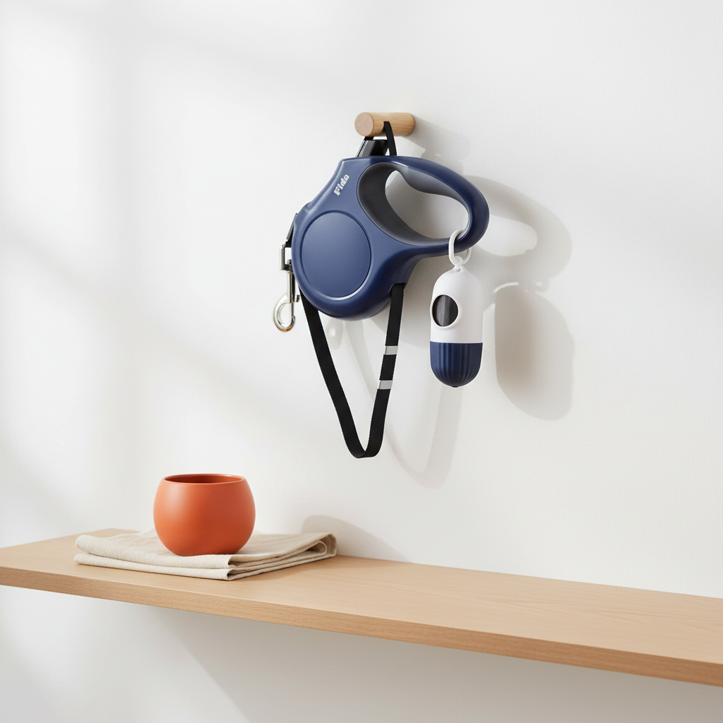 Navy retractable dog leash with poop bag dispenser on Scandinavian wall hook with orange accent