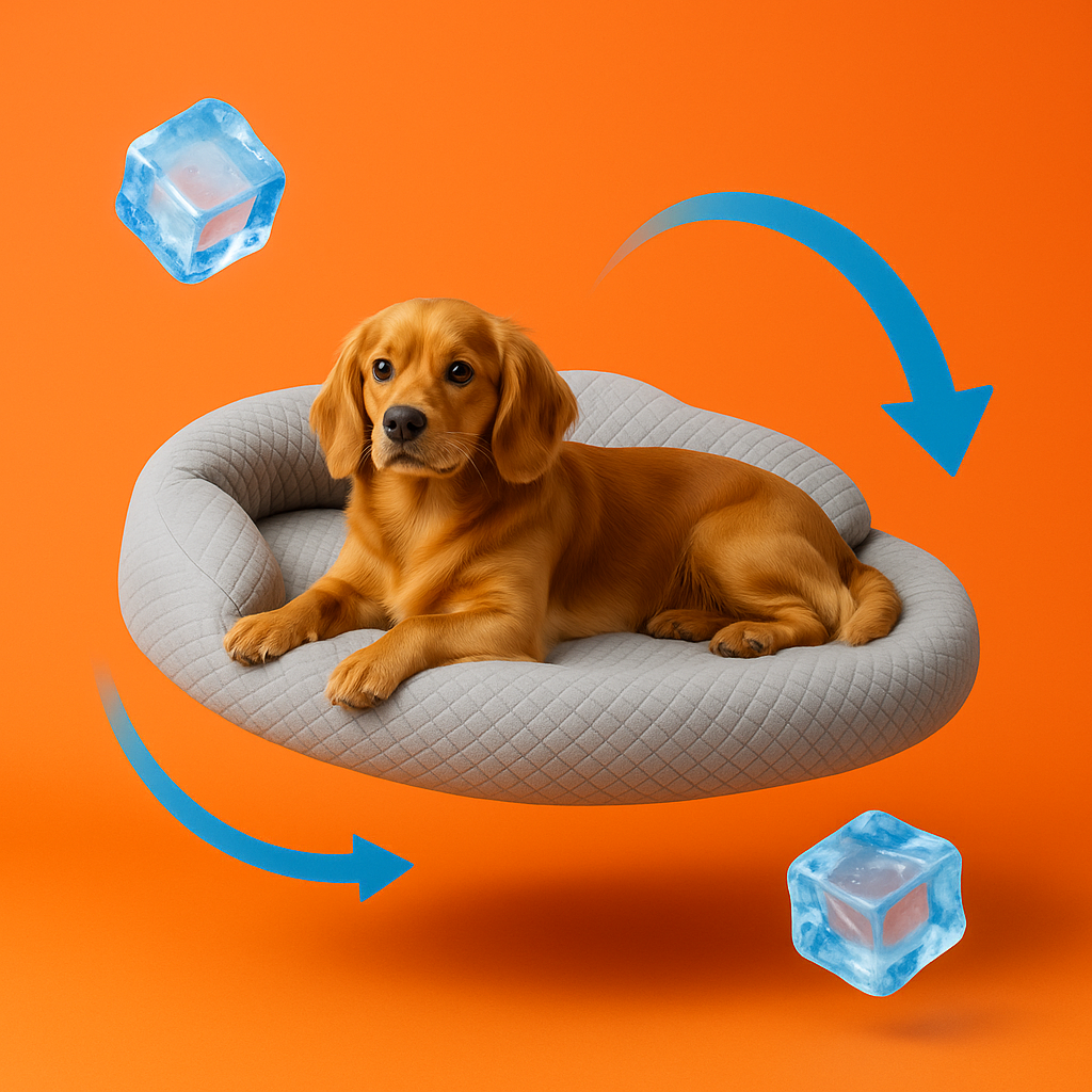 Orthopedic Cooling Dog Bed with Neck Pillow for Joint Support in vibrant orange and navy colors