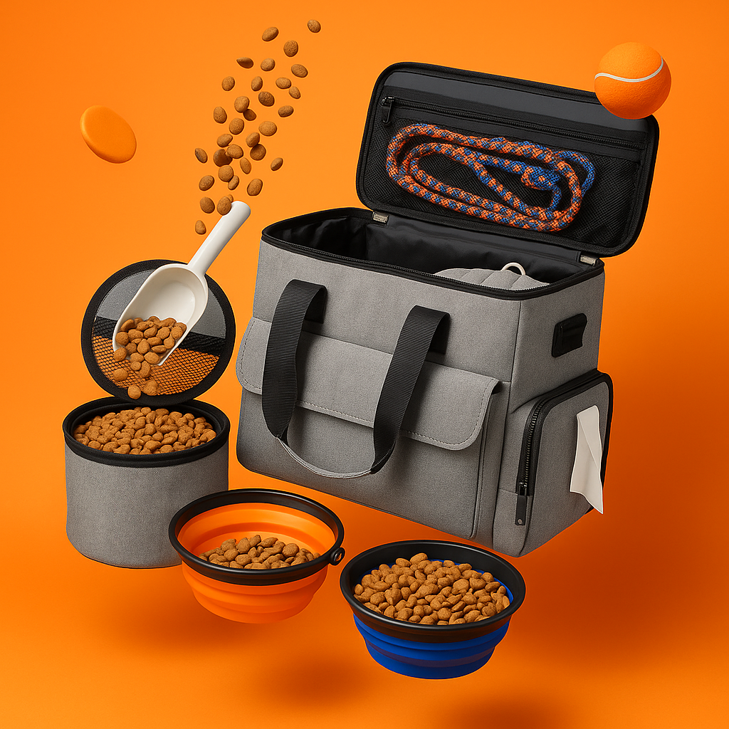 Weekend Dog and Cat Travel Bag Set Grey with Bowls and Food Carriers