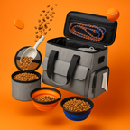 Weekend Dog and Cat Travel Bag Set Grey with Bowls and Food Carriers