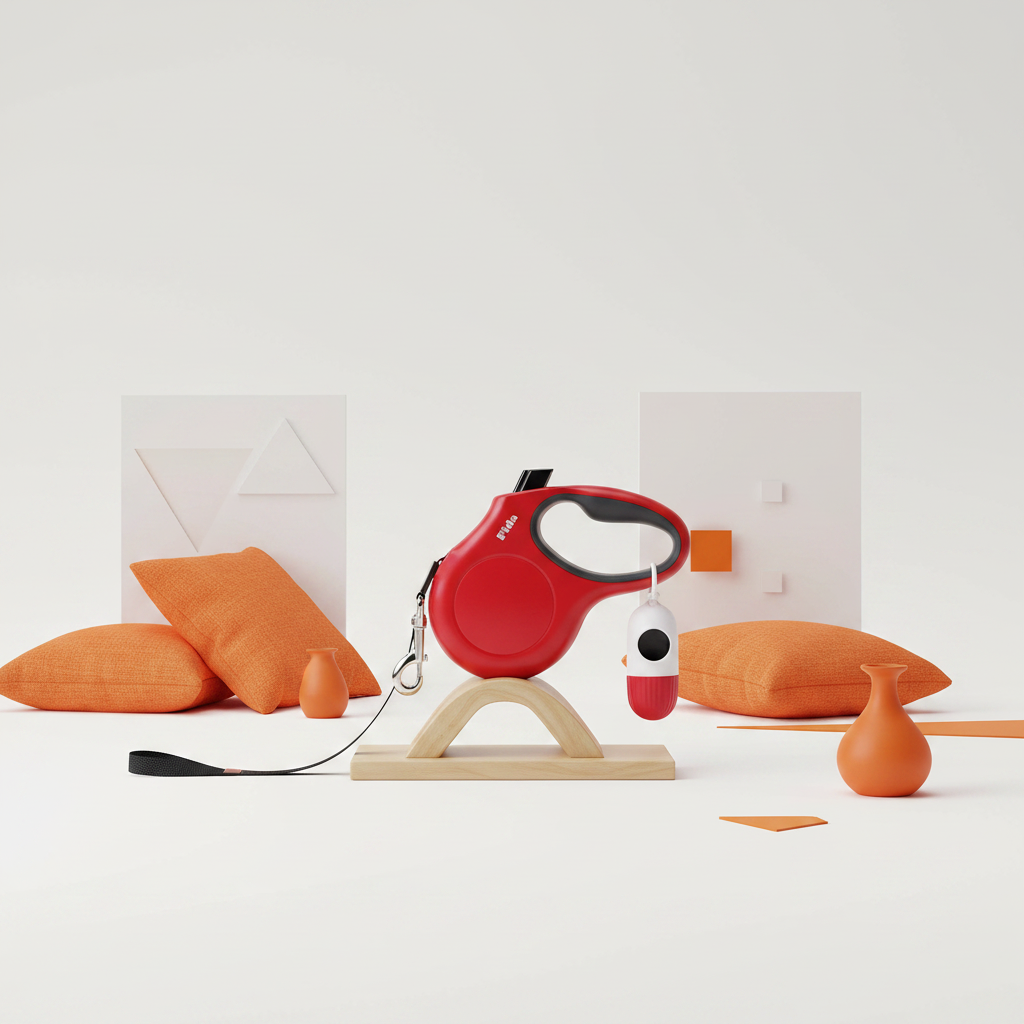 Retractable Dog Leash with Bag Dispenser Red